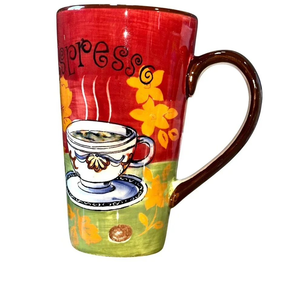 Espresso Hand Painted Floral Cafe Art Tumbler Mug Warm Cottage Kitchen Decor Red - Picture 2 of 10